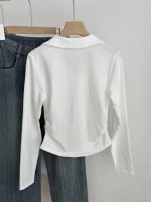 SHEIN Teen Girls' V-Neck Ribbed Knit Butterfly Print Casual T-Shirt With Waist Ruching, Versatile For Autumn/Winter - White - View 2