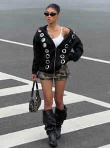 Muchica 2025 New Arrive Fall Women Fashion Avant-Garde Grommet Design Black Hooded Sweatshirt, Cropped Jackets For Going Out Outfits, Back To School,  Streetwear, Grunge And Punk Chic, Y2K Clothes, Edgy Clothes Woman And Unique Clothes