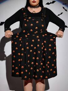 SHEIN CURVE+ Vestido casual con tirantes de mujer talla grande con estampado de calabaza y bolsillo, para otoño/invierno - Negro - Ver 3