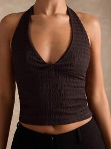 SHEIN BAE Women's Sexy Solid Color Backless Halter Top, Summer - Coffee Brown - View 3