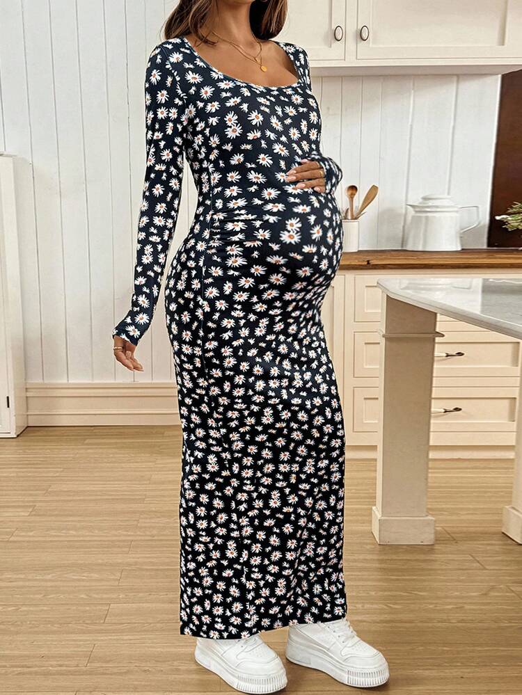 SHEIN 孕妇休闲碎花修身长裙 - 黑色 - 查看 8