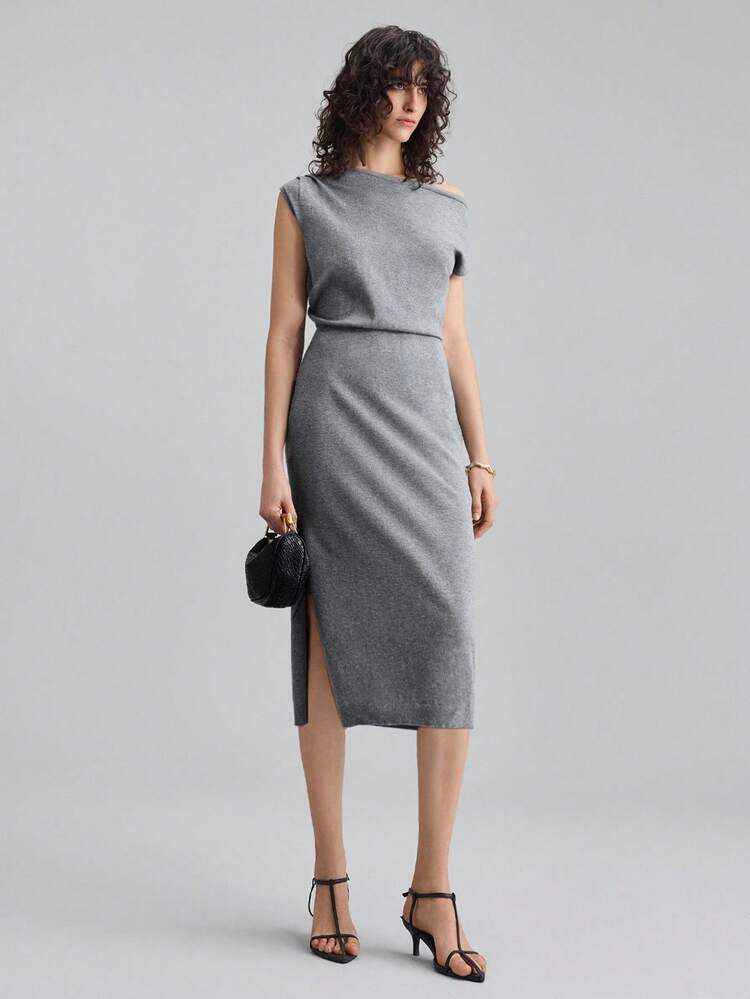 2025 New Women's Clothing, Autumn/Winter Apparel, All Season Wear, Winter Outfits, Back To School For Women, Halloween & Christmas Outfits, Women's Teacher Attire, Casual Outings, Night Out Dresses, Wedding Guest Dresses, Elegant Wedding Guest Gowns, Church Attire, Women's Business Casual, Solid Color Asymmetric Pleated Fitted Elegant Knit Dress