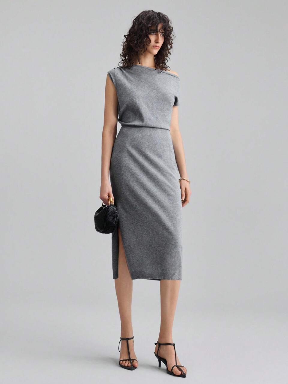 2025 Grey Autumn Women's Casual Lounge Knit Dress,Asymmetric Pleated Fitted Elegant Wedding Guest Gowns,Business Casual Church Teacher Attire,Solid