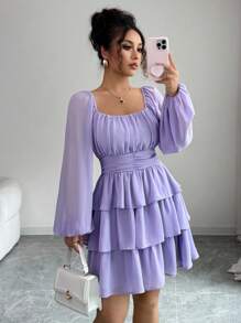 Selianne Đầm suông dáng chữ A, tay lỡ, ngắn, họa tiết bèo nhún, mặc đi chơi, đi nghỉ, tiệc trà chiều, màu trơn, cổ vuông, eo nhún, dáng suông, dáng suông, dáng suông, thời trang xuân/thu/đông cho nữ - Màu tím hoa cà - Xem 6