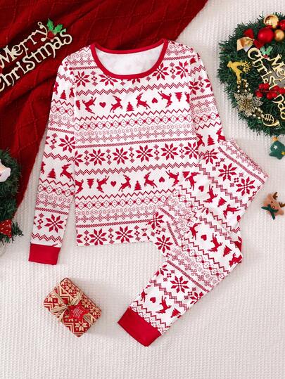 Girls' Christmas Pajamas, Holiday Party Family Matching Pajamas, Reindeer & Fair Isle Print Long Pants & Long Sleeve, Quality Fabric Warm & Comfortable, Family Gathering, Holiday Photo, Christmas Decor, Autumn/Winter Christmas Pajamas For Girls Girls Christmas Pajamas  Girls Lounge Sets Pj Sets For Girls Snug Fit Tight Fit Pajamas 8y-12y Fall