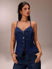 SHEIN Forever 21 1pc Women V-Neck Sleeveless Bodycon Denim Camisole Top, For Commuting - Dark Wash - View 4