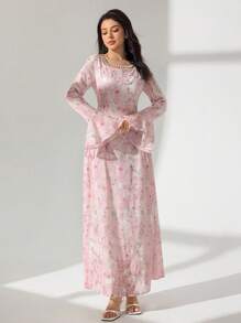 Modelyn Robe longue élégante à manches évasées et taille nouée, mode et charme, printemps/été. Robe en tissu , décontractée et élégante pour femmes en automne, rentrée scolaire, avec patchwork et tissu stretch. - Rose bonbon - Voir 5