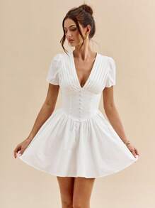 SHEIN BAE 白色纯色性感深V领短袖修身公主迷你连衣裙，夏季连衣裙，优雅连衣裙，白色连衣裙，毕业/返校连衣裙 - 白色 - 查看 3