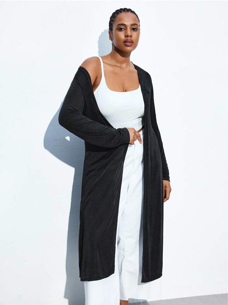 Maija 大码女式秋季长款开襟针织外套，休闲办公商务风，简约优雅时尚，百搭舒适，时尚优雅，休闲百搭，日常必备，黑色 - 黑色 - 查看 7