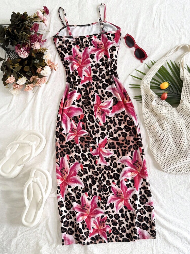 SHEIN Tween Girls Fitted Casual Floral & Leopard Print Snug Fit Sleeveless Dress, Comfortable & Minimalist - Khaki - View 2