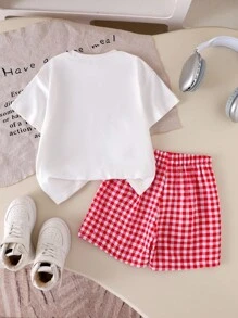 SHEIN 2 件装返校女孩（小号）铅笔画印花白色短袖上衣和舒适格子短款 T 恤套装，春夏时尚 - 白色 - 查看 2