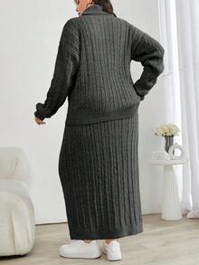 EURMUSE Cable Knit Turtleneck Sweater And Skirt Two Pieces Set - Dark Grey - View 2