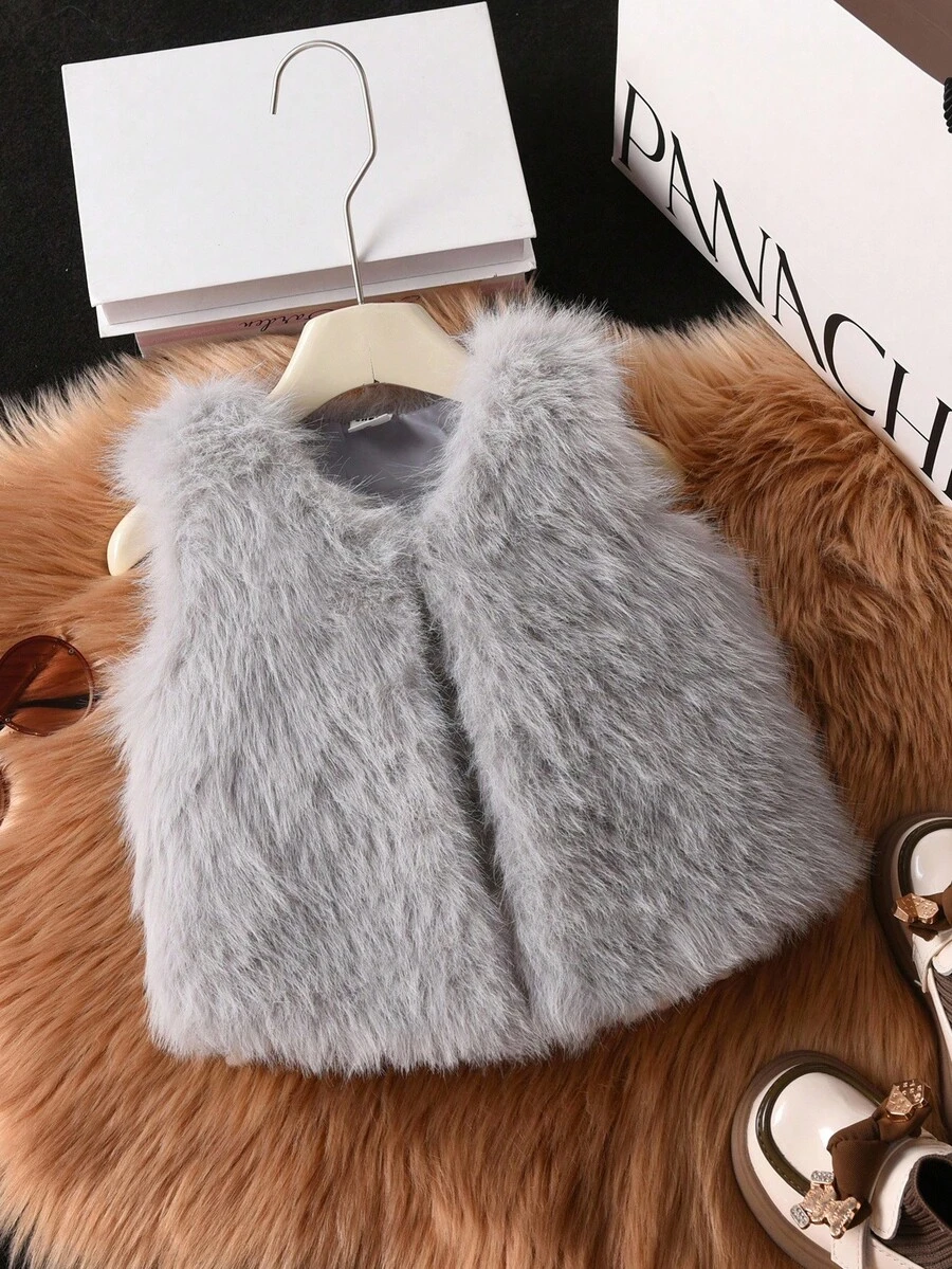 Elladie kids Young Girl Solid Color Fuzzy Sleeveless Coat, Autumn/Winter Young Girls Furry Vest Fall