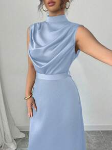 Elenzga 女式春夏优雅绿色立领百褶腰喇叭无袖连衣裙 - 藍色 - 查看 5