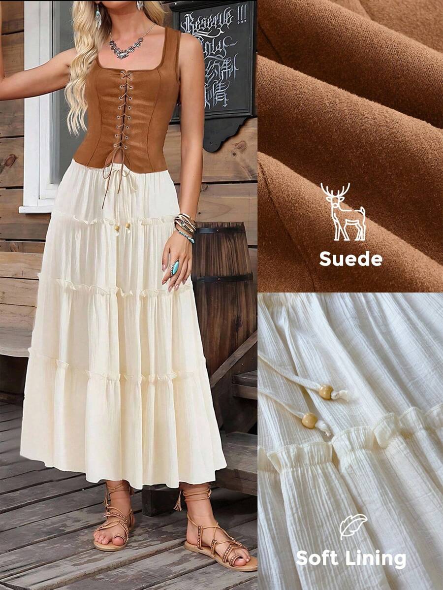 LanaWest Women's Spring/Summer Western Style Brown Suede Boho Deer Skin Tight Fit Cinched Waist Top Women's Spring/Summer Boho Vacation Apricot Textured Peach Blossom Ruffle Hem Wood Bead Decor Elastic Waist Skirt (With Lining) - Multicolor - View 1