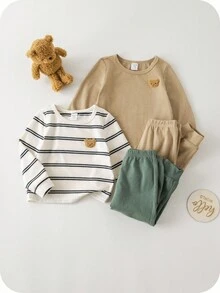 SHEIN 4件套婴儿/男女通用修身睡衣套装 - 长袖上衣和裤子，柔软针织条纹和纯色款，舒适百搭，适合室内/休闲穿着，春、夏、秋、冬四季皆宜。男婴服装，中性婴儿服装，男婴秋季服装