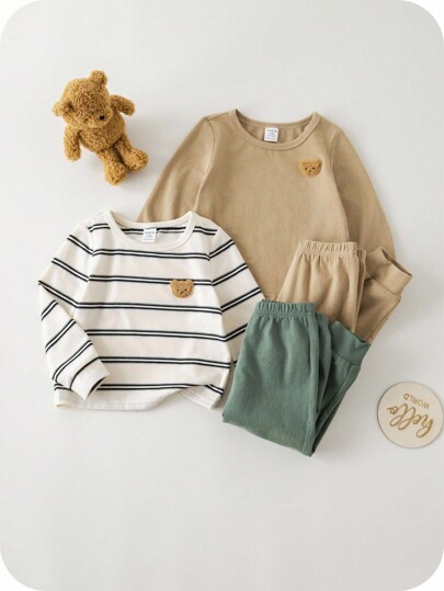 SHEIN 4件套婴儿/男女通用修身睡衣套装 - 长袖上衣和裤子，柔软针织条纹和纯色款，舒适百搭，适合室内/休闲穿着，春、夏、秋、冬四季皆宜。男婴服装，中性婴儿服装，男婴秋季服装