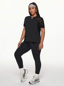 Easithlete Women's Plus Size Mesh Patchwork Short Sleeve Top And Leggings Sports Suit Plus Size Workout Set