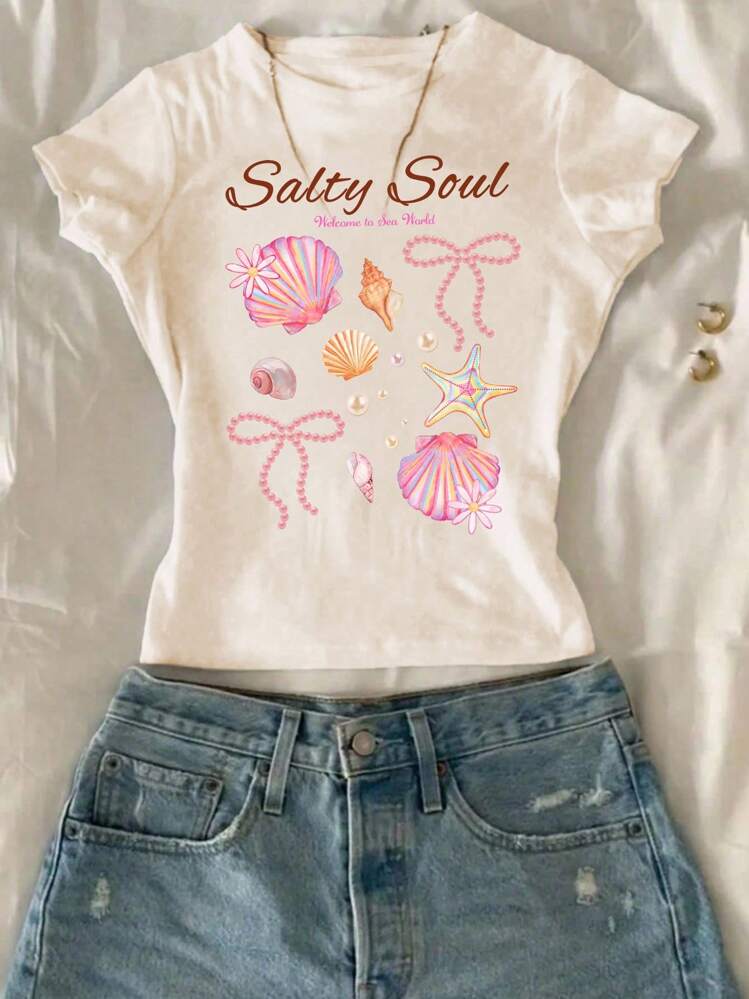 3 件套青少年女孩休闲热带芙蓉、鸡蛋花、海星和贝壳印花紧身圆领短袖高腰短款常规 T 恤，适合夏季 - 彩色 - 查看 5