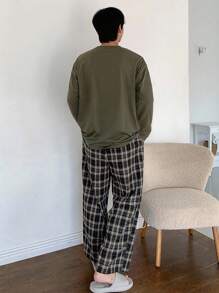DAZY 男士字母印花T恤和格子裤睡衣套装，春秋季，秋冬季服装 - 軍綠色 - 查看 3