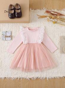 SHEIN Baby Girls' Pink Lace Patchwork Elegant Long Sleeve Dress - Pink - View 8