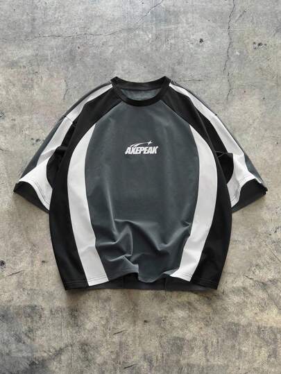 AXEPEAK 夏季大码男士休闲拼色字母印花T恤