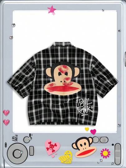 Paul Frank X ROMWE Men's Plaid And Letter Graphic Button Front Summer Short Sleeve Shirt