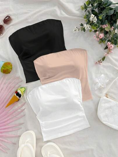 Soleia 3 Set Multicolor Women's Versatile Black, Khaki, White Tube Top, Suitable For Party, Vacation, Daily, Music Festival, Holiday Date, Afternoon Tea, Beach, Cruise Travel Jersey Shirt