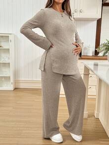SHEIN 2pcs Maternity Casual Ribbed Long Sleeve Top & Pants Set Fall Clothes Long Sleeve Fall Clothes Maternity Two Pieces Set Knit Two Pieces Set Two Pieces Set Women Comfy 2 Pieces Lounge Sets Woman Maternity Clothes Two Pieces Suits Comfortable Two Pieces Set