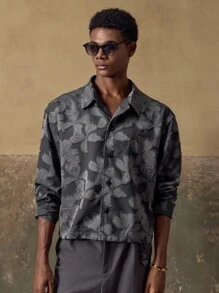 AKNOTIC Men's Gray-Blue Floral Jacquard Casual Loose Fit Long Sleeve Lapel Jacket, Suitable For Summer, Autumn, Vacation, Daily Matching, Party, Couple, Men's Gift