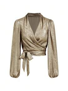 Gownix Women's Everyday Gold Wrap Tie Long Sleeve Blouse - Gold - View 7