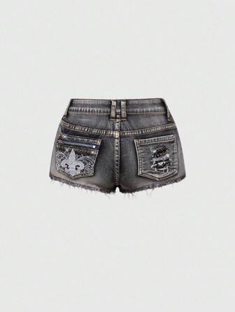 J-Fashion Pantaloncini di jeans da donna in stile vintage Y2K punk, vita super bassa, super corti, con zip, rivetti, tasche e ricami