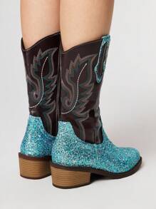 ROMWE Fairycore 2025年新款时尚刺绣亮片拼接女士圆头中筒靴V型开口长筒马靴粗跟修身百搭PU高筒靴女