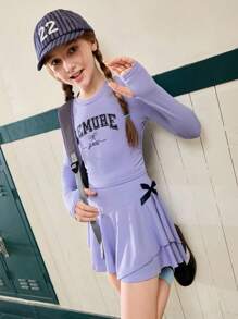 JNSQ 青少年女孩 2 件套服装套装 - 图案字母和蝴蝶结印花长袖上衣搭配 A 字裙，适合秋冬日常穿着、户外活动、度假、街头服饰、派对和休闲