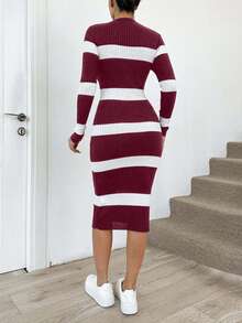 EURMUSE Women's Stand Collar Raglan Sleeve Ribbed Knit Ribbed Red And White Sweater Dress,Winter Dresses - Burgundy - View 2