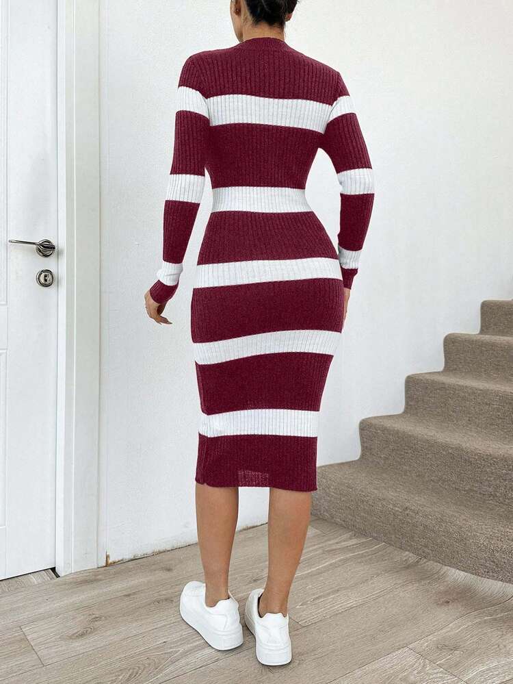 EURMUSE Women's Stand Collar Raglan Sleeve Ribbed Knit Ribbed Red And White Sweater Dress,Winter Dresses - Burgundy - View 2