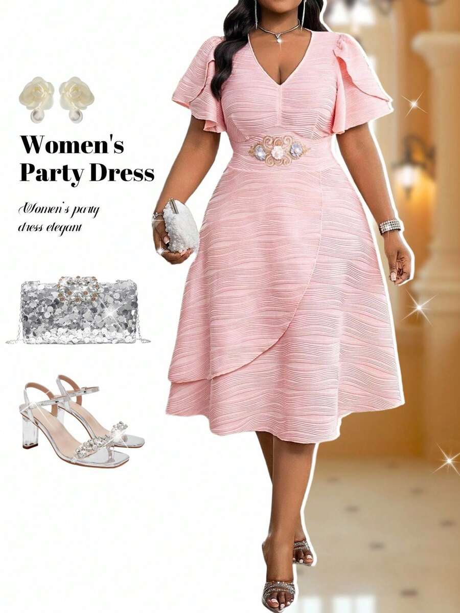 Fleurora 春夏优雅婚礼鸡尾酒会音乐会/音乐节粉色针织纹理不对称领口不对称领口喇叭泡泡袖3D玫瑰中长短袖大码连衣裙女士夏季服装女士夏季连衣裙婚礼宾客礼服女士夏季连衣裙女士正式连衣裙女士生日礼服