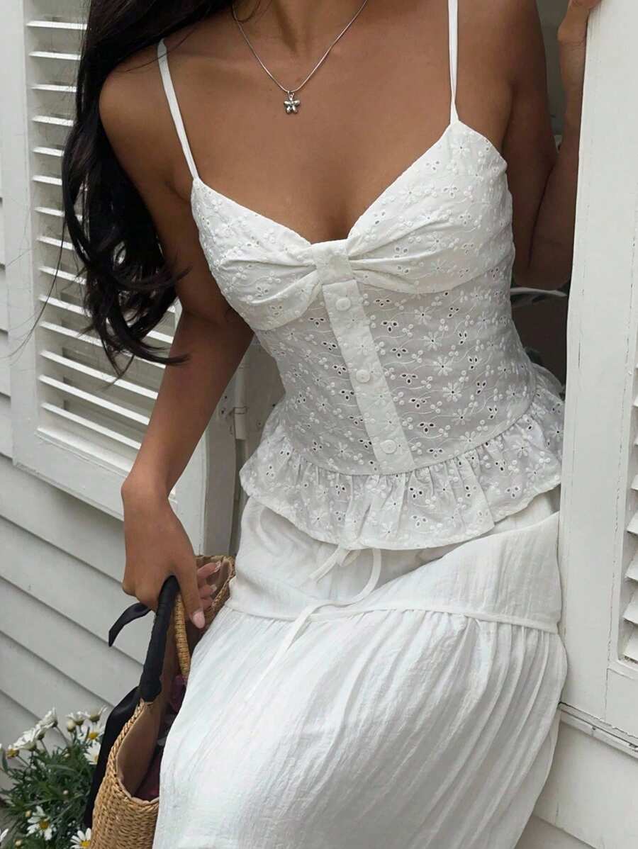 SHEIN EZwear 女士休闲度假纯色镂空刺绣细肩带 - 白色 - 查看 1