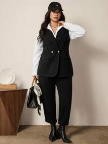 Comfylo Conjunto de traje de lana negro para mujer talla grande, para trabajo/oficina, disfraz de Halloween, elegante para fiesta en otoño/invierno - Negro - Ver 7