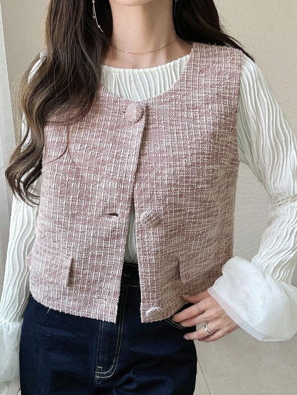 FRIFUL Chaqueta casual versátil sin mangas de tela texturizada rosa para mujer