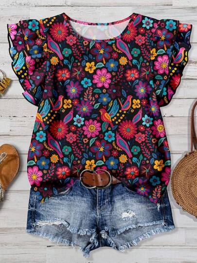 EMERY ROSE 大码女式休闲印花衬衫，适合夏季穿着