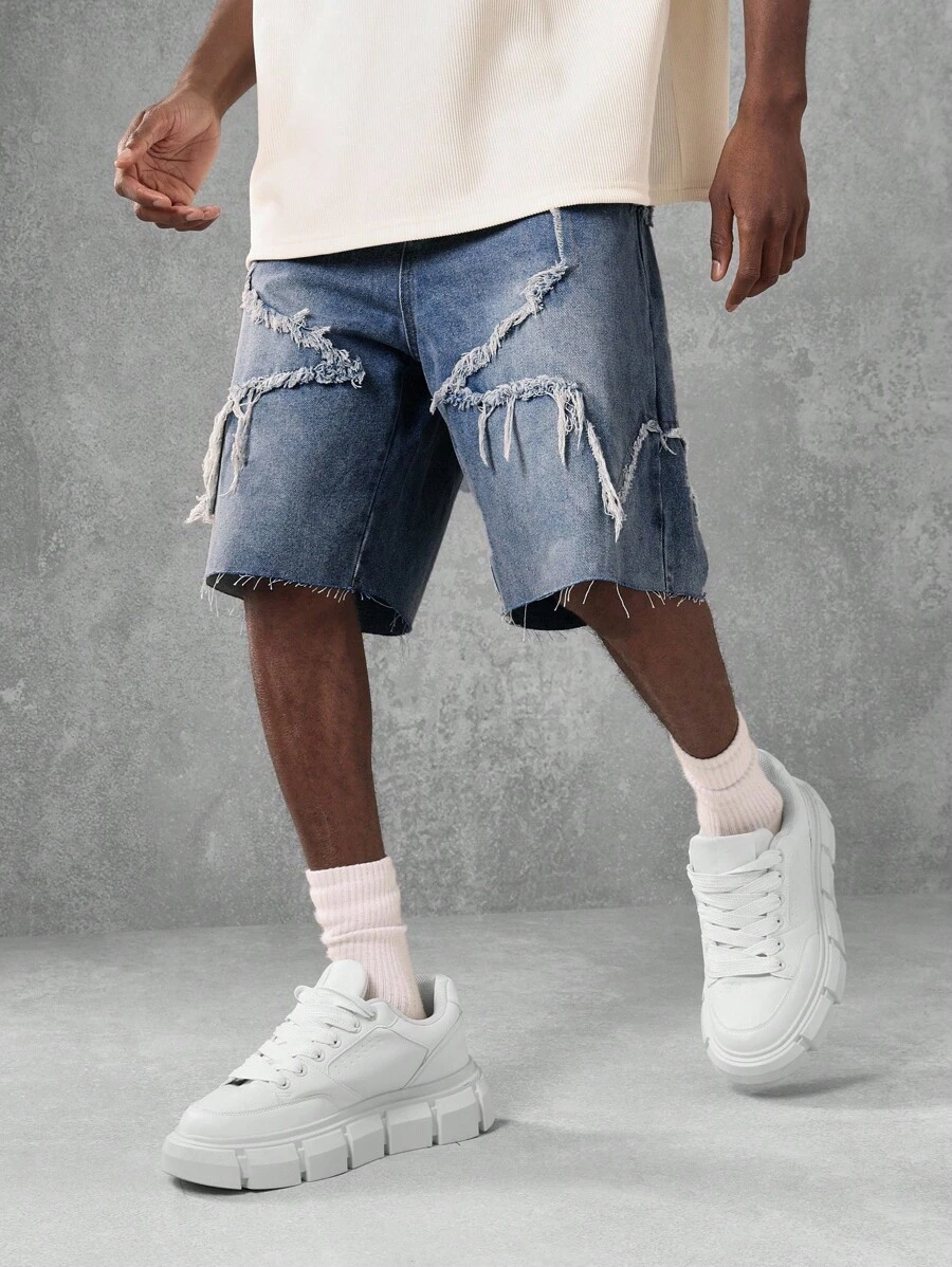 SUMWON Distressed Denim Shorts Men Ripped Raw Edge Summer Casual Knee Length Bermuda Shorts Streetwear Frayed Classic Beach Festival - Blue - View 1
