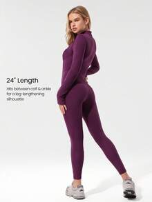 GLOWMODE Bộ jumpsuit dài tay 24" FeatherFit™-Air Bold Glow, chất liệu mềm mại, thoáng khí, thấm hút mồ hôi, khóa kéo phía trước, eo kiểu corset, sọc tương phản, lỗ xỏ ngón tay cái, lưng chữ V sâu, mút ngực có thể tháo rời, thích hợp cho hoạt động thể thao hàng ngày nhẹ nhàng, mùa xuân hè. - Cola anh đào - Xem 3