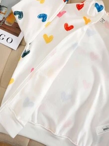 SHEIN 少女彩色爱心印花拉链连帽宽松保暖卫衣/外套，适合居家、户外和上学穿着，秋冬季节。 - 彩色 - 查看 6