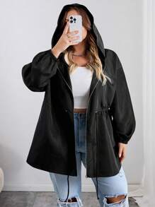 SHEIN CURVE+ Curves Plus Size/Chool Clothes/Back To School Clothes /Back To SchoolPlus Size Women's Autumn Zip-Up Drawstring Waist Hooded Black Jacket Plus Size Jacket Plus Size Plus Size Shirts 8xl Women Clothes Plus Size Black Jacket,Fall Clothes For Womenfall Clothes For Women,Winter,CURVE PLUS