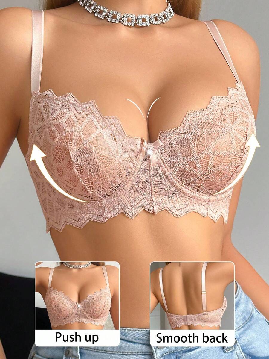 SHEIN 1 Áo ngực có gọng viền ren màu trơn dành cho nữ - Màu be - Xem 1