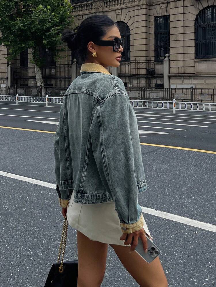 DAZY 休闲拼色牛仔夹克，女士短款牛仔夹克和外套 - 中等水洗藍 - 查看 2