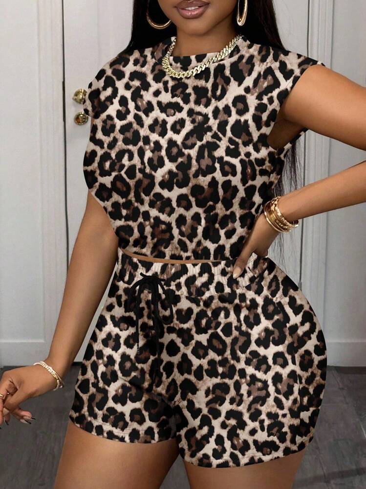 Slaydiva Women Casual Leopard Print Sleeveless Crop Top And Shorts 2 Pieces Set, Suitable For Summer, Beach Vacation, Sexy Suitable For Going Out - Multicolor - View 5