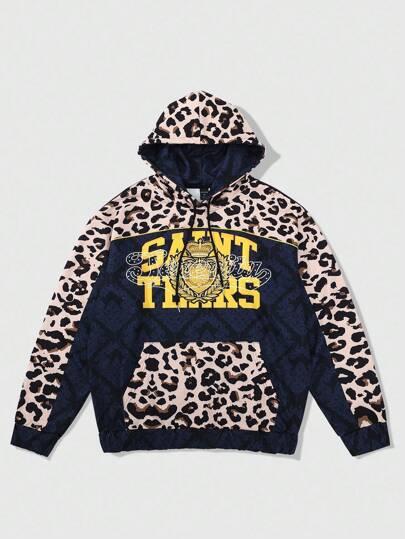 Street Life Men's Hooded Sweatshirt With Street American Leopard Print And English Graphic, Pullover Hoodie