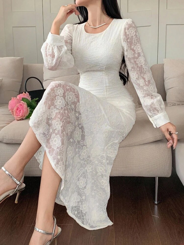 Elegant French Minimalist Embroidered Lace Long Sleeve Dress